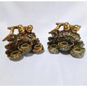 Vintage Enesco Ceramic Candle Holder‎ Golden Acron On Branch and Leaf - Lot of 2